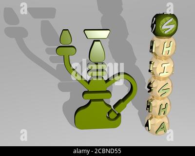 SHISHA icône 3D à côté du texte vertical des lettres individuelles, illustration 3D pour le nargua et l'arabe Banque D'Images