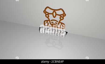 Texte extraterrestre de lettres de dés cubes sur le sol et icône 3D sur le mur, illustration 3D pour l'arrière-plan et le dessin animé Banque D'Images