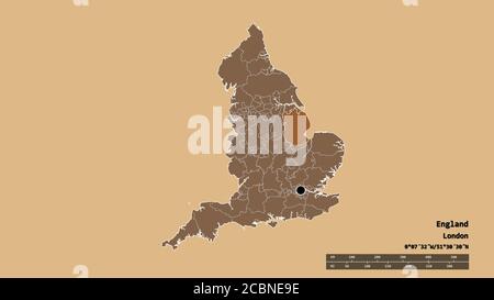 Forme désaturée de l'Angleterre avec sa capitale, sa principale division régionale et la région séparée du Lincolnshire. Étiquettes. Composition des textures répétées. Banque D'Images