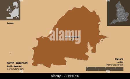 Forme du Somerset du Nord, autorité unitaire de l'Angleterre, et sa capitale. Echelle de distance, aperçus et étiquettes. Composition des textures répétées. 3D ren Banque D'Images