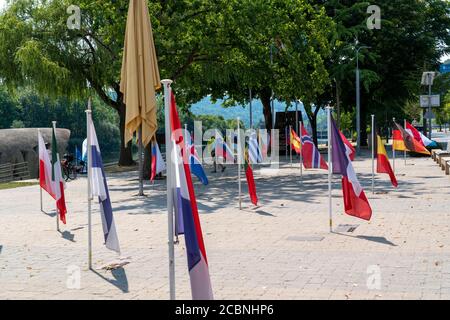 La ville de Schengen, sur la Moselle, au Grand-Duché de Luxembourg, où l'Accord de Schengen de 1985 a été signé, Monument européen à la Muse Banque D'Images