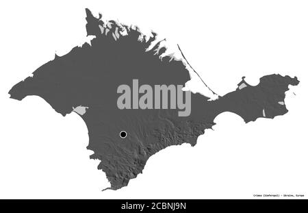 Forme de la Crimée, République autonome d'Ukraine, avec sa capitale isolée sur fond blanc. Carte d'élévation à deux niveaux. Rendu 3D Banque D'Images