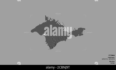 Région de Crimée, République autonome d'Ukraine, isolée sur un fond solide dans une boîte englobante géoréférencée. Étiquettes. Carte d'élévation à deux niveaux. Rend 3D Banque D'Images