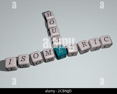 Mot clé de la maison isométrique par des lettres de dés cubes, illustration 3D pour le concept et l'arrière-plan Banque D'Images