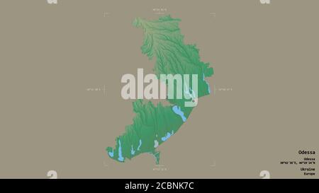 Zone d'Odessa, région de l'Ukraine, isolée sur un fond solide dans une boîte englobante géoréférencée. Étiquettes. Carte topographique de relief. Rendu 3D Banque D'Images
