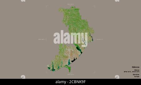 Zone d'Odessa, région de l'Ukraine, isolée sur un fond solide dans une boîte englobante géoréférencée. Étiquettes. Imagerie satellite. Rendu 3D Banque D'Images