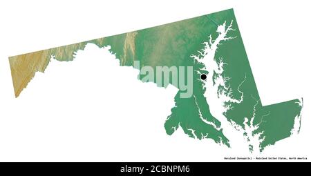 Forme du Maryland, État du continent des États-Unis, avec sa capitale isolée sur fond blanc. Carte topographique de relief. Rendu 3D Banque D'Images