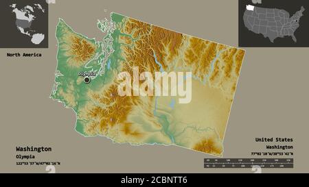 La forme de Washington, l'État des États-Unis continentaux, et sa capitale. Echelle de distance, aperçus et étiquettes. Carte topographique de relief. Rendu 3D Banque D'Images