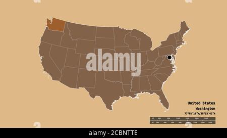 Forme désaturée des États-Unis continentaux avec sa capitale, sa principale division régionale et la région séparée de Washington. Étiquettes. Composition du motif Banque D'Images