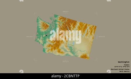 Région de Washington, État du continent des États-Unis, isolée sur un fond solide dans une boîte englobante géoréférencée. Étiquettes. Carte topographique de relief. 3 Banque D'Images