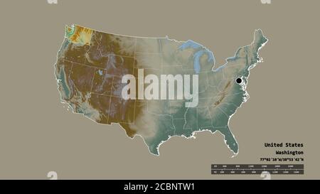 Forme désaturée des États-Unis continentaux avec sa capitale, sa principale division régionale et la région séparée de Washington. Étiquettes. Carte topographique de relief Banque D'Images