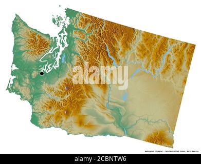 Shape of Washington, État de la région continentale des États-Unis, avec sa capitale isolée sur fond blanc. Carte topographique de relief. Rendu 3D Banque D'Images