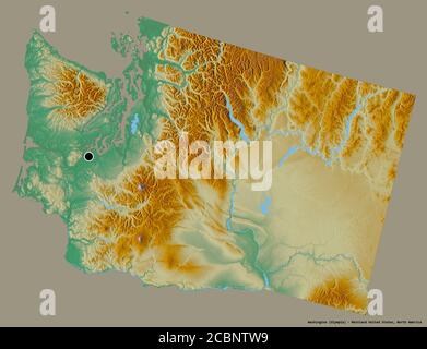 La forme de Washington, État du continent des États-Unis, avec sa capitale isolée sur un fond de couleur unie. Carte topographique de relief. Rendu 3D Banque D'Images