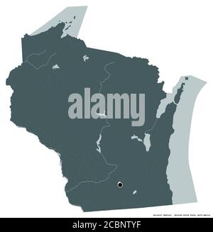 Forme du Wisconsin, État des États-Unis continentaux, avec sa capitale isolée sur fond blanc. Carte d'altitude en couleur. Rendu 3D Banque D'Images