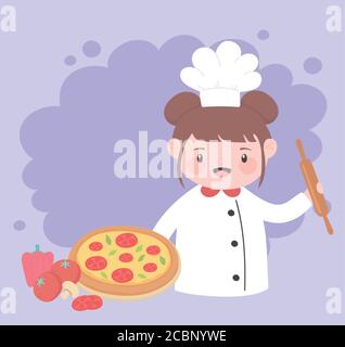 adorable personnage de dessin animé de chef de fille tenant une épingle à roulettes et une pizza illustration vectorielle Illustration de Vecteur