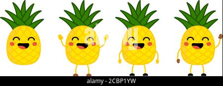 Style kawaii Cute fruits Ananas icône, les yeux fermés, souriant avec la bouche ouverte. Version avec les mains levées, bas et en agitant. Illustration de Vecteur