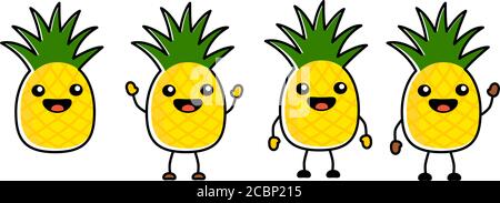 Adorable icône de fruit d'ananas style kawaii, contour, grands yeux, souriant à la bouche ouverte. Version avec les mains levées, abafonction et ondulation. Illustration de Vecteur