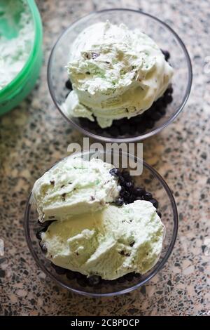 Glace à la menthe et au chocolat avec des bleuets frais Banque D'Images