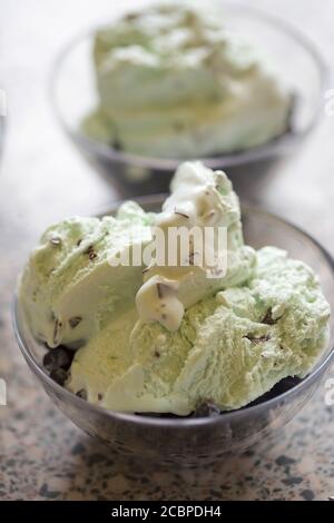Glace à la menthe et au chocolat avec des bleuets frais Banque D'Images