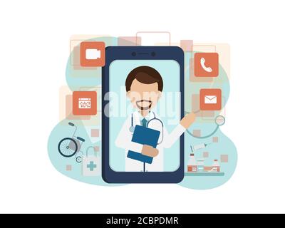 Service de médecin en ligne avec un médecin sur la conception plate de téléphone mobile illustration vectorielle Illustration de Vecteur