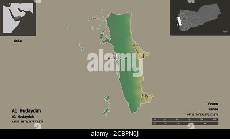 Forme d'Al Hudaydah, gouvernorat du Yémen, et de sa capitale. Echelle de distance, aperçus et étiquettes. Carte topographique de relief. Rendu 3D Banque D'Images