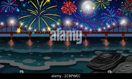 Feu d'artifice de célébration avec illustration de la scène du pont Illustration de Vecteur