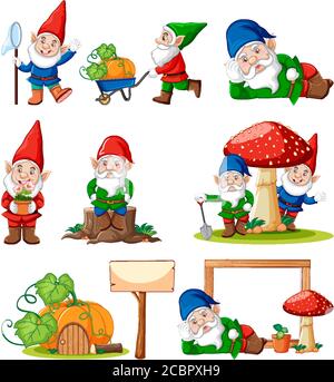 Jeu de gnome avec outil de jardin isolé sur fond blanc illustration Illustration de Vecteur