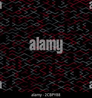 Motif de lignes aléatoires géométriques. Technologie abstraite fond sombre avec formes géométriques rouges et grises tessellation sur noir. Réseau abstrait linéaire, Illustration de Vecteur