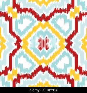 Motif géométrique sans couture, basé sur le style du tissu Ikat. Illustration vectorielle. Tapis texture vecteur imitation. Motif de tapis coloré jaune, rouge, Illustration de Vecteur