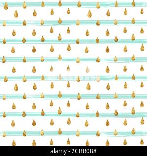 Gouttes dorées scintillantes, dessinées à la main avec de la peinture dorée. Motif vectoriel sans couture sur fond rayé. Arrière-plan des fêtes brillant. Motif doré brillant. Illustration de Vecteur