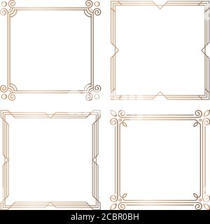 Ensemble de 4 cadres carrés géométriques de style Art déco. Illustration vectorielle, éléments de conception. Quatre cadres dorés isolés sur fond blanc, Illustration de Vecteur