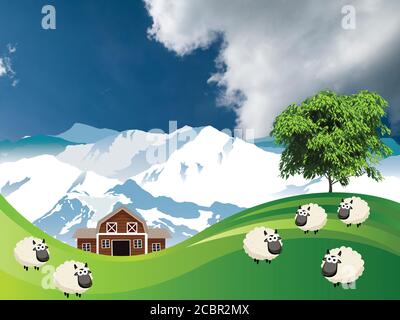Scène rurale pittoresque avec un troupeau de moutons paître pâturages montagneux d'été dans les basses terres, au ciel bleu et nuageux Banque D'Images
