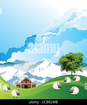Scène rurale pittoresque avec un troupeau de moutons paître pâturages montagneux d'été dans les basses terres, au ciel bleu et nuageux Banque D'Images