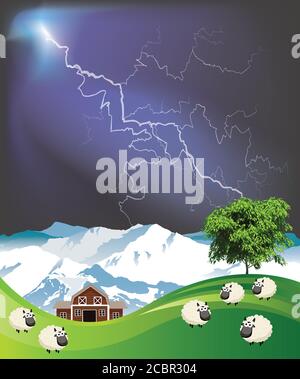 Scène rurale pittoresque avec un troupeau de moutons paître les pâturages montagneux d'été dans les basses terres se sont enorpés d'un ciel de tonnerre spectaculaire Banque D'Images