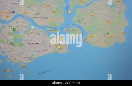 Trafic aérien au-dessus de l'aera de Singapour, 15 août 2020, UTC 06.59, sur Internet avec le site Flightracar 24, pendant la pandémie du coronavirus Banque D'Images