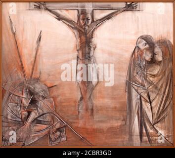 TAORMINA, ITALIE - 9 AVRIL 2018: La peinture moderne de la Crucifixion dans l'église Chiesa di Santa Caterina d'Alessandria par Nino Carnabuci (1986). Banque D'Images