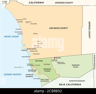 Carte vectorielle administrative de l'agglomération transfrontalière San Diego-Tijuana, Mexique, États-Unis Illustration de Vecteur