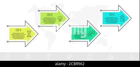 Flèches d'infographies vectorielles avec 4 étapes, icônes. Peut être utilisé pour le diagramme, l'entreprise, le Web, l'organigramme, le graphique d'information, la chronologie, le contenu, les niveaux, le graphique Illustration de Vecteur