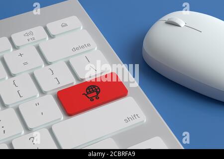 Clavier d'ordinateur avec l'icône 'e-commerce' sur une touche à côté d'une souris. illustration 3d. Banque D'Images