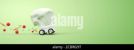 Chapeau de chef avec roulettes, rendu 3D de livraison de repas à domicile Banque D'Images