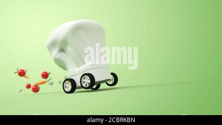 Chapeau de chef avec roulettes, rendu 3D de livraison de repas à domicile Banque D'Images