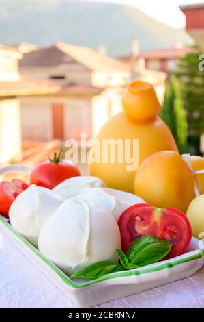Collection de fromages, fromages italiens provolone, caciocavallo, scamorza, buffle mozzarella du sud de l'Italie, blanc et jaune fumé, servi à l'extérieur Banque D'Images