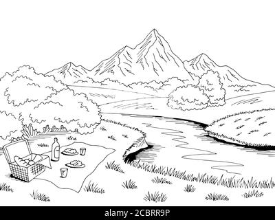 Pique-nique graphique noir blanc paysage dessin illustration vecteur Illustration de Vecteur