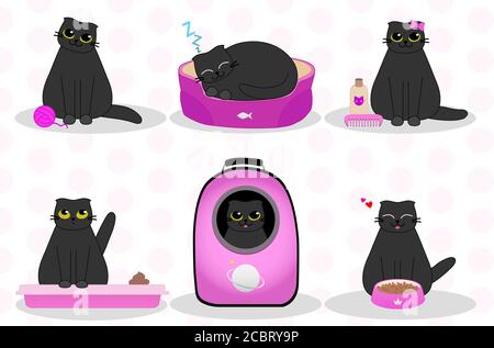 Chat noir, animal mascotte - mignon chaton gras, jeu de personnages de magasin d'animaux de compagnie Illustration de Vecteur