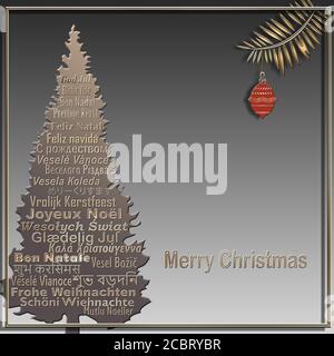 Arbre de Noël fait de Merry Christmas text dans différentes langues européennes, d'Europe de l'est, hindi, bengali, indien, japonais avec brunch au feu avec boule rose sur fond pastel. Illustration 3D Banque D'Images