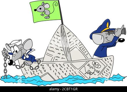 Deux souris de dessin animé naviguant ensemble sur un vecteur de bateau papier illustration pour les enfants Illustration de Vecteur