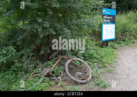 Restes rouillés de vieux vélo sorti du canal Sur le chemin de remorquage Warwick UK Banque D'Images