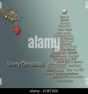 Carte de voeux avec plusieurs mots Merry Christmas en forme de pin et boule rouge suspendue sur fond vert pastel. Illustration 3D Banque D'Images