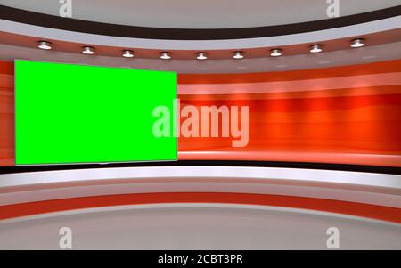 Tv Studio. Backdrop for TV shows .TV on wall. News studio. The perfect backdrop for any green screen or chroma key video or photo production. 3D rende Banque D'Images