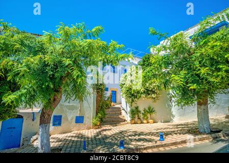 Photo de rue avec des maisons pittoresques dans la ville de station balnéaire bleu blanc Sidi Bou a dit. Tunisie, Afrique du Nord Banque D'Images